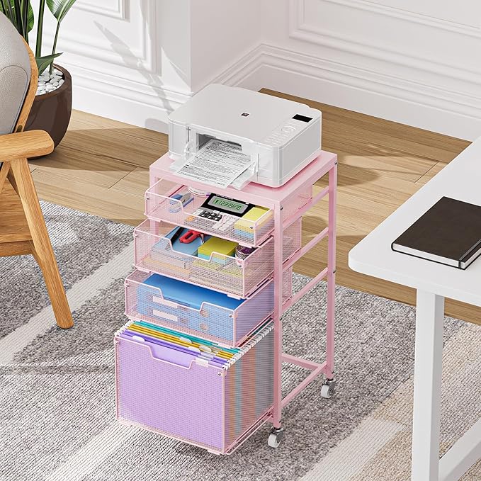 4 Drawer Rolling File Cart Under Desk Storage, File Cabinets for Home Office, Mobile Filing Cabinet, Hanging File Organizer with Wheels, Utility Cart Printer Stand, Pink (Patent Pending)