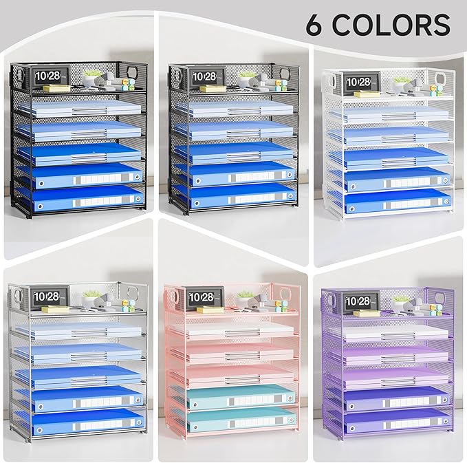 Paper Organizer for Desk Organizers and Accessories for Office 6 Tier Letter Tray Storage with Handle Mesh Desktop Paper Holder for School- Black