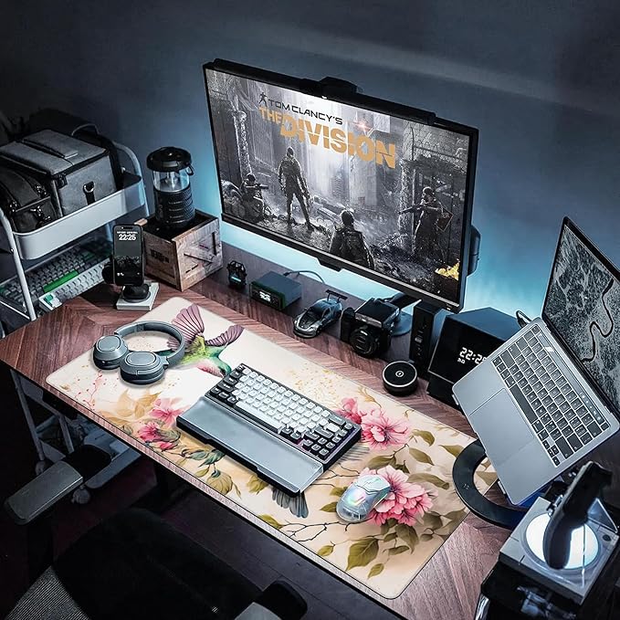 Desk Mat, Pink Flowers and Colibri Birds Extended Large Gaming Mouse Pad for Desk XXL, Non-Slip Rubber Base Stitched Edges Long Computer Keyboard Desk Pad Mouse Mat for Home Office Gaming 35.4"X15.7"
