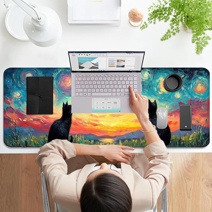 Cute Black Cat Fantasy Starry Night Gaming Desk Mat, Computer Keyboard Large Extended Long Animal Mouse Pad for Office and Home, XL (W03)