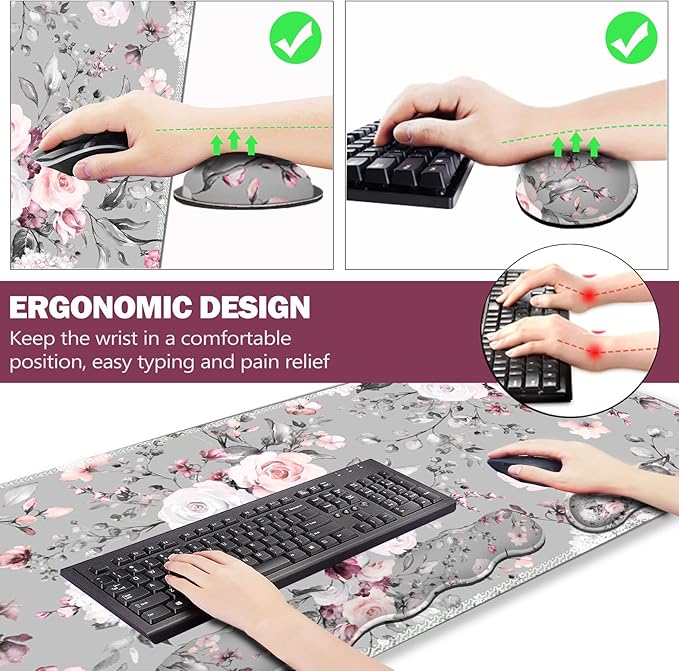 Upgraded Extended Gaming Mouse Pad, Keyboard Wrist Rest Pad, Wrist Support Mousepad Set, Artso Large Stable Rubber Base Stitched Edges, Multifunctional Desk Pad (35 x15.5 in) for Work, Game, Grey Rose