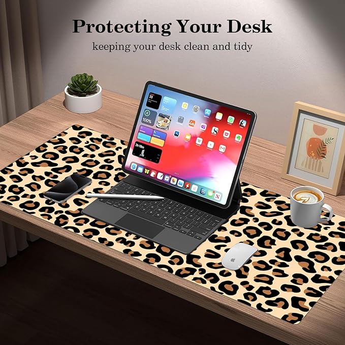 Brown Leopard Desk Pad Protector, Stitched Edges Mouse Pad, Large Office Mat, Non-Slip Blotter, Laptop Pad, Writing Pad for Office and Home (31.5" x 15.7")