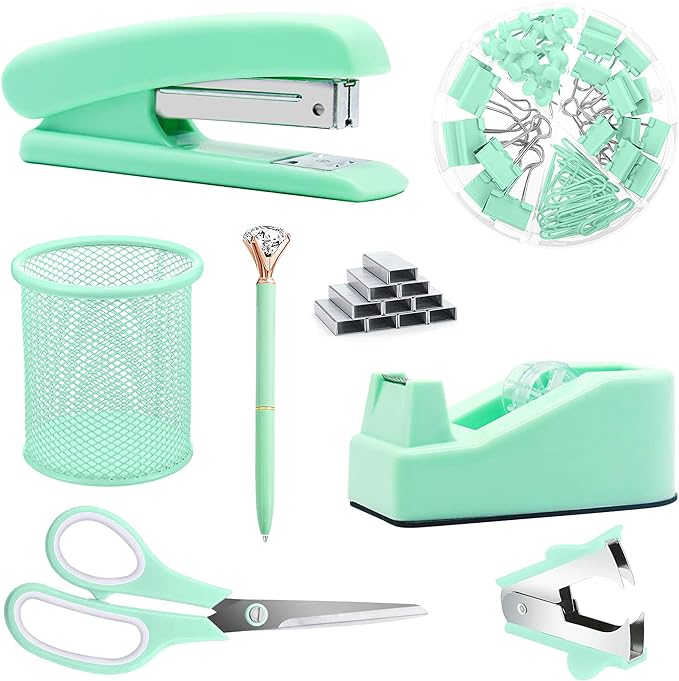Green Office Supplies, Purple Desk Accessories, Stapler, Staple Remover, Tape Holder, Pen Holder, Ballpoint Pen, Scissor, Binder Clips, Paper Clips and 1000pcs Staples.