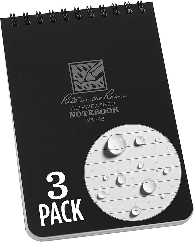 Rite In The Rain Weatherproof Top-Spiral Notebook, 4" x 6", Black Cover, Universal Pattern (No. 746-3), 3 Pack
