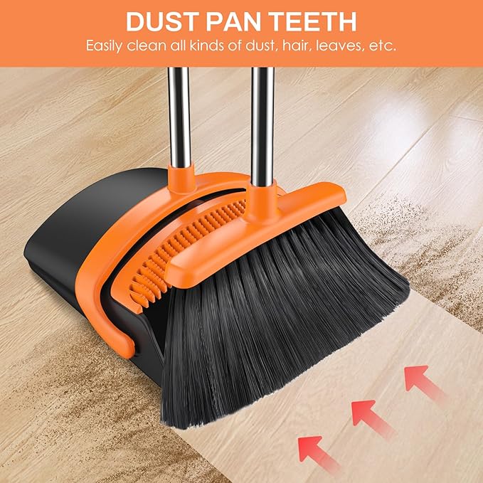 EZKEY Broom and Dustpan Set for Home, 51-in Long Adjustable Handle Angle Broom and Dustpan Combo Set with Dust Pan Teeth to Clean Hair for Home Kitchen Office Lobby Floor Garden, Black Orange