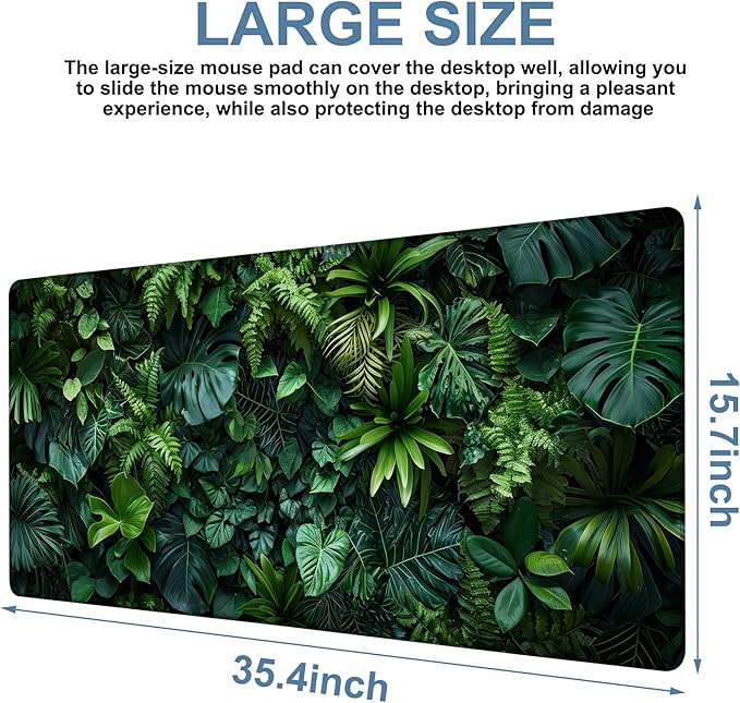 Large Mouse Pad Monstera Leaf Gaming Desk Pad Computer Keyboard Non-Slip Waterproof Mouse Mat with Rubber Base and Stitched Edges Entertainment Office Writing Desk Mat 35.4 x 15.7 Inches