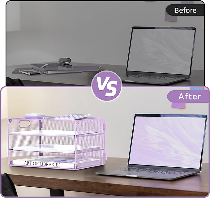 DALTACK 3 Tier Letter Tray Paper Organizer with Handle, Mesh Desk File Organizer, Paper Tray Desk Organizer for School Office Home, Metal Mesh, Purple