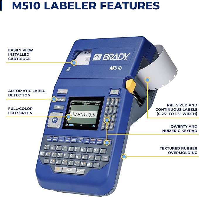 Brady M510 Portable Industrial Label Printer, 1.5" Wide Labels, Single Color Thermal Printing, for Laboratory, Field, or Facility, Blue/Gray, 3.75" H x 5.75" W x 10" D