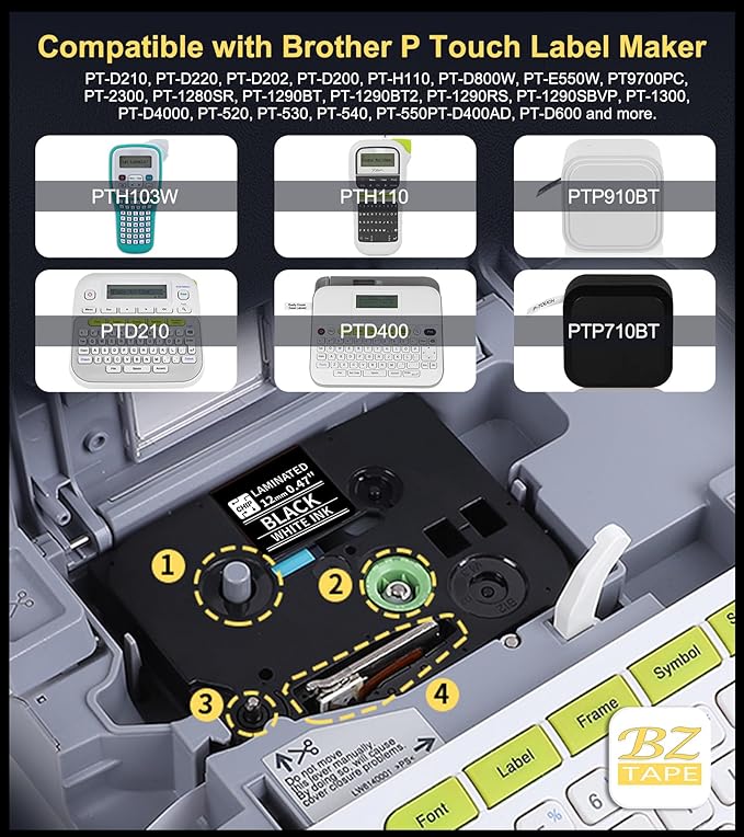Tze 12mm 0.47 Inch Laminated White on Black Compatible with P Touch Label Tape TZ TZe-335 TZe335 Refills for Ptouch PT-H110 D200 D210 D220 D400 PT-D600 Label Maker, 3-Pack