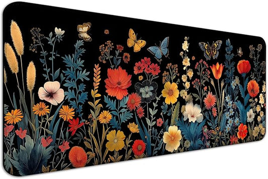 Pretty Butterfly Floral Desk Mat,Large Garden Flowers Plant Gaming Mouse Pad, Computer Keyboard Laptop Mousepad for Work, Game and Office, XL,Black