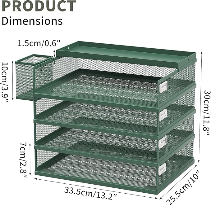 Metal Stackable Letter Trays, 4-Tier Desk Organizer & Paper Trays for Office, Stackable File & Document Tray with Magnetic Labels,Green