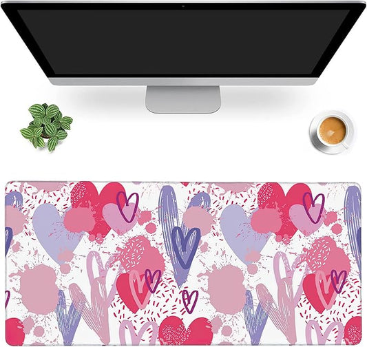 MIOAOSRT Desk Mat,Pink and Violet Hearts Gaming Mouse Pad,XXL Extended Mouse Pad Mat for Office,Computer,Keyboard with Non-Slip Base Stitched Eges Mousepad 35.4x15.75 inch