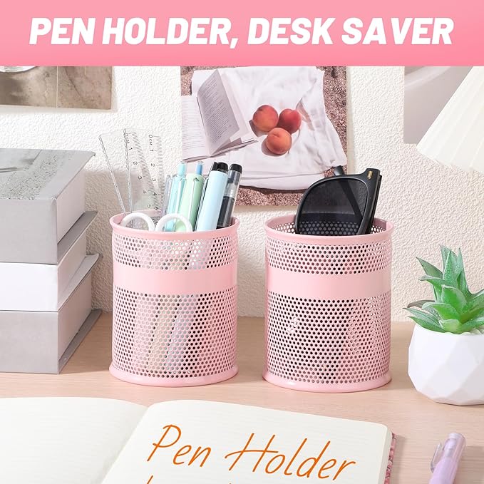 Segarty Pencil Holder, 6 Pack Pink Pen Holder, 3.3 x 3.9 inch Pencils Cups Holder, Round Metal Pens Container Organizer for Office Supplies, School Classroom, Makeup Brush, Home Storage