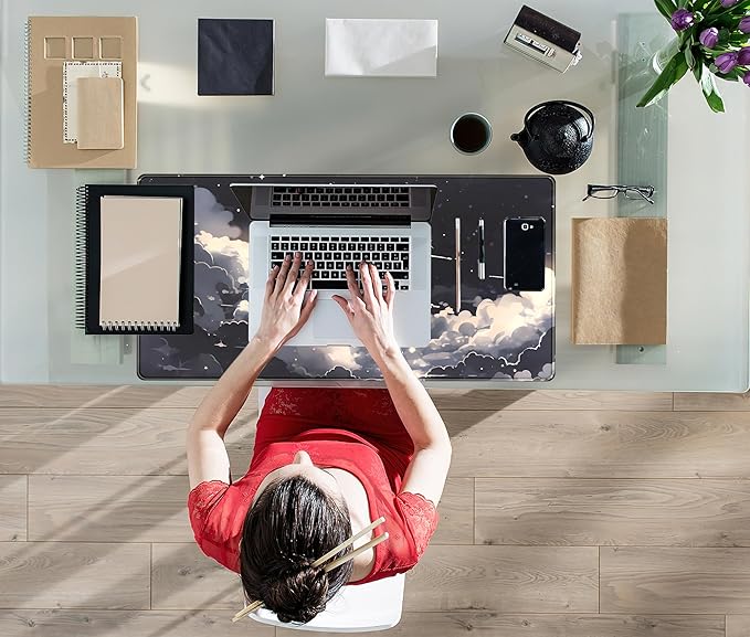 Black Anime Cloud Desk Mat XXL Large Gaming Mouse Pad Computer Laptop Mat, Extended Non-Slip Rubber Base Mousepad Keyboard and Mouse Mat, Night Sky Desk Pad with Stitched Edges, 31.5x15.75 in