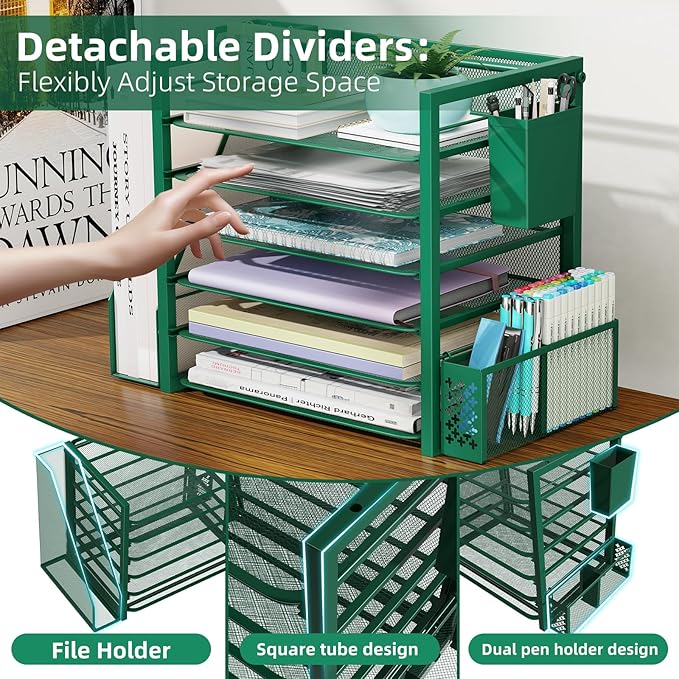 Simple Trending 6 Tier Desk File Organizer, Paper Letter Tray Organizer with File Holder and Pen Container, Green