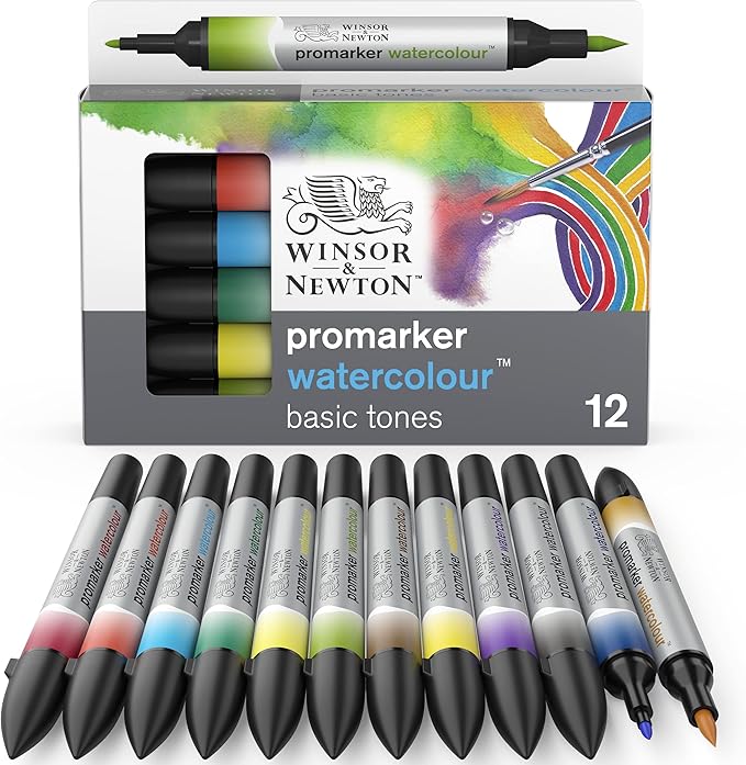 Winsor & Newton ProMarker Watercolor Marker Set, 12 Count, Basic Tones