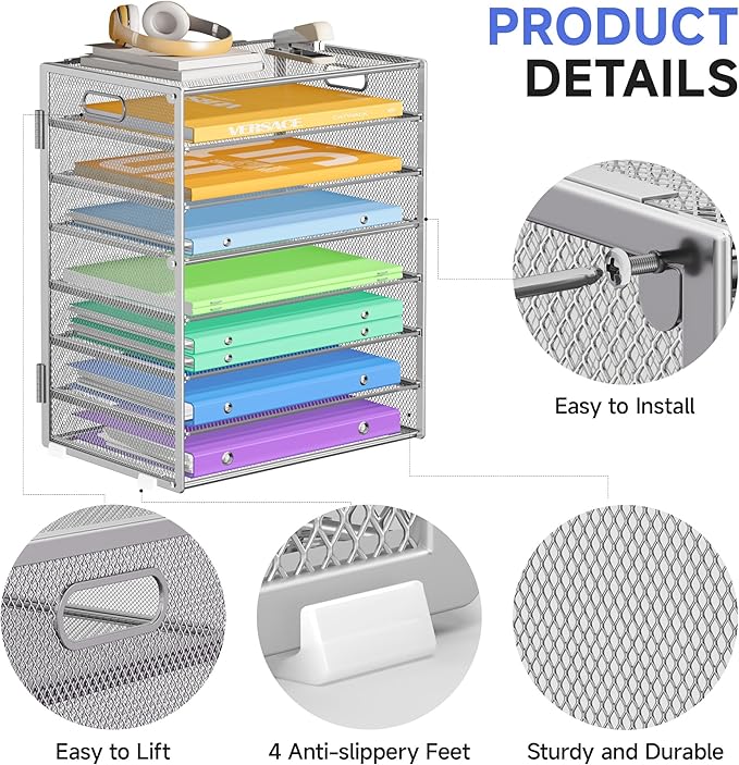 Paper Organizer with Handle 8 Tier Metal Mesh Desk File Organizer Large Capacity Desk Organizers Paper Letter Tray Desktop Document Sorter for Office, Home or School 2 Pack Silver