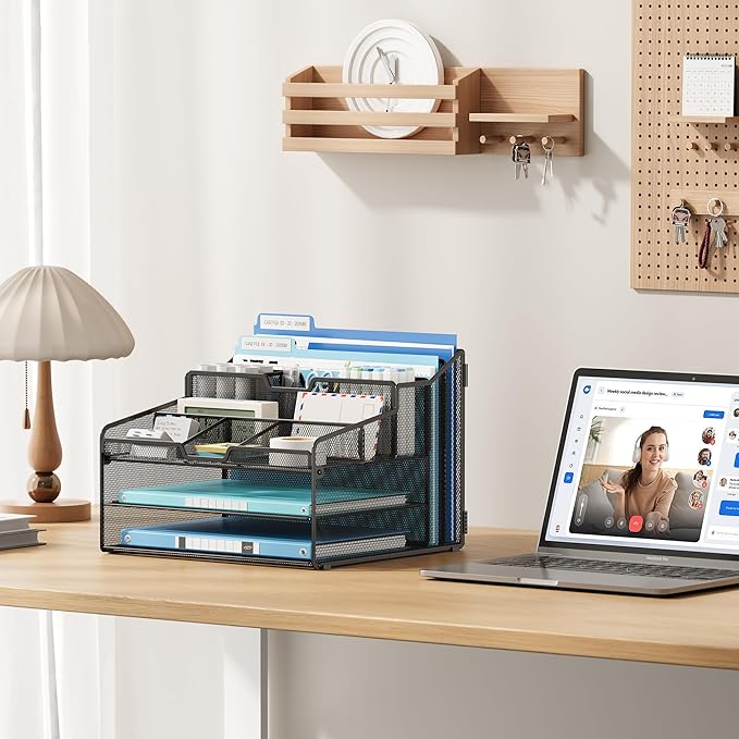 Lavatino Desk Organizer - Metal Mesh with 2 Paper Letter Trays, 7 Flexible Dividers, 2 Vertical File Holders for Office/Home/Classroom Supplies, Desk Organizers and Accessories, Black