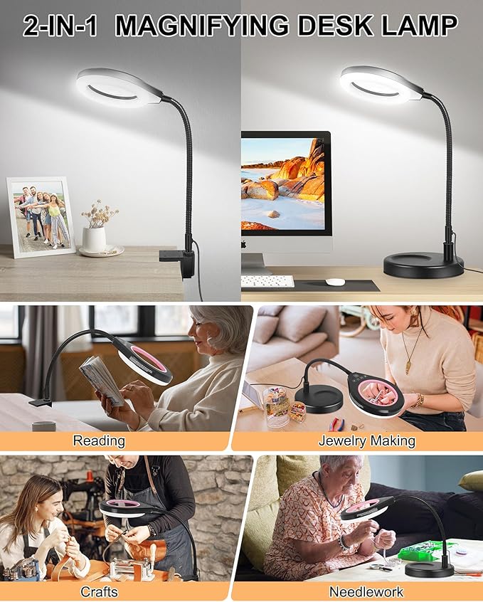 Flexible Gooseneck 2-in-1 Magnifying Glass with Light and Stand,10x & 5x Real Glass Lens Magnifying Lamp, 5 Color Stepless Hands-Free LED Desk Lamp with Clamp for Painting, Crafts, Reading (Pink)