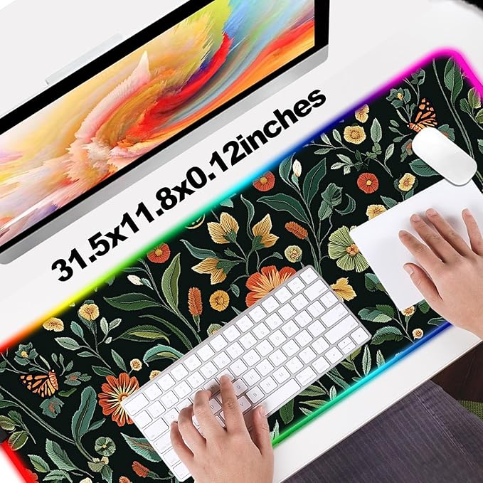 RGB Floral Gaming Desk Mat, Computer Keyboard Large Extended Long Flower Plants LED Mouse Pad for Office and Home, XL (W19)