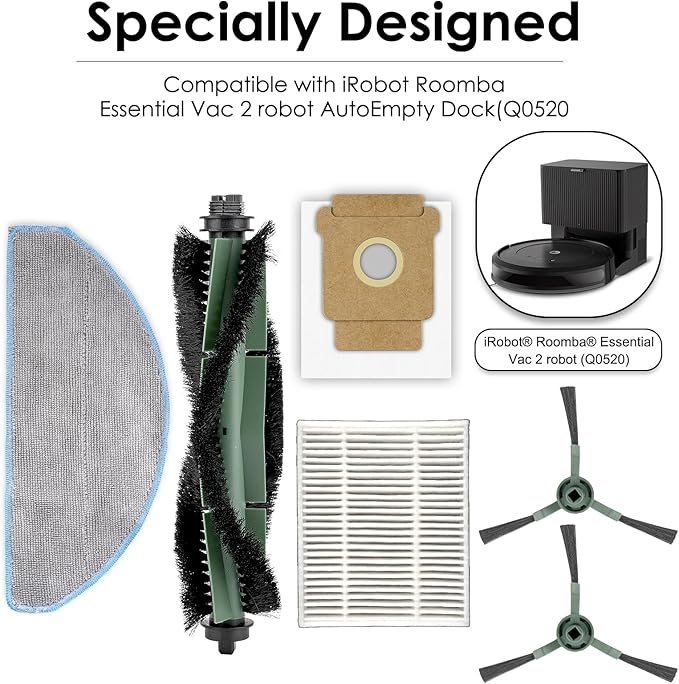 (30 Pack) Roomba 104 105 Combo Accessories Parts for iRobot 104 105 Combo Robot, Vacuum 2 Essential Robot Q0520, 3 Roller Brush, 8 Side Brushes, 8 HEPA Filters, 8 Dust Bags, 3 Mop Pads