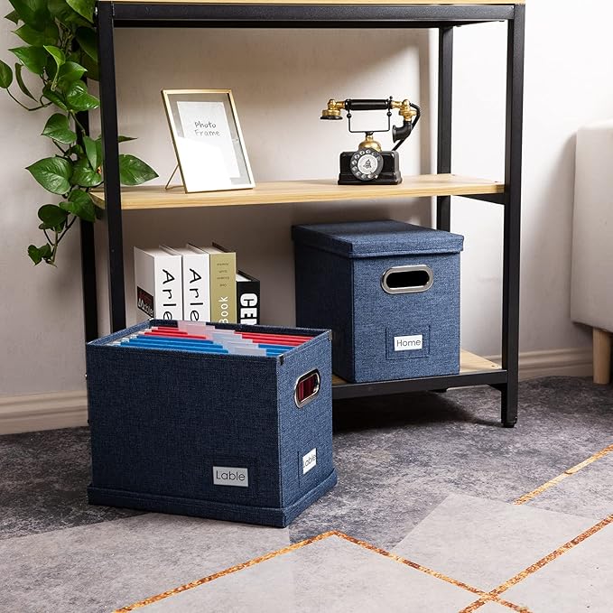 PRANDOM File Organizer Box - Set of 1 Collapsible Decorative Linen Filing Storage Hanging File Folders with Lids Office Cabinet Letter Size Navy Blue (14x9.3x10.8 inch)