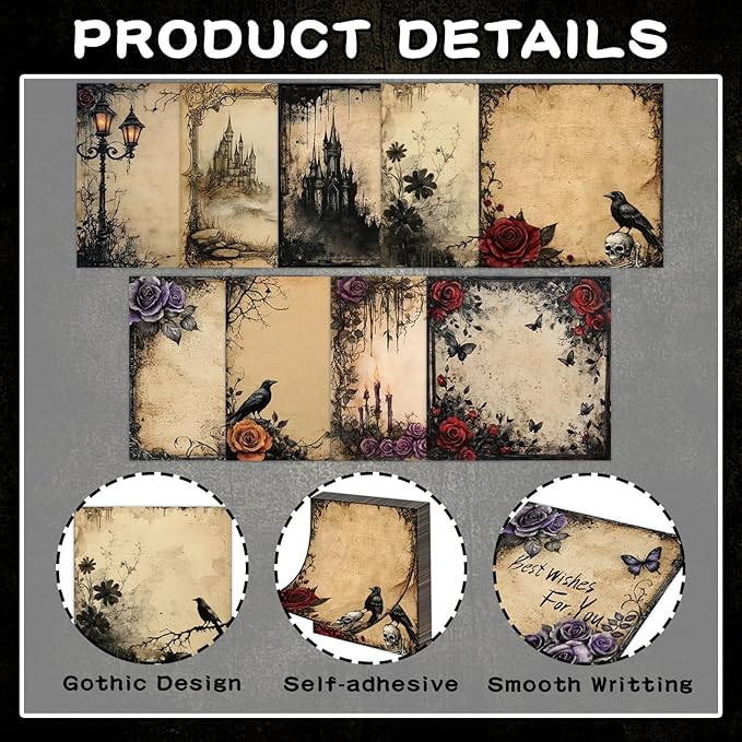 ZCPTZ 9 Pcs Gothic Style Notepads 3" x 3" Self-adhesive Goth Note Pads Memo for Office Work School Home Halloween Decor Supplies- 450 Sheets Reusable Gothic Sticky Notes