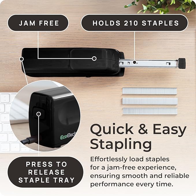 Portable Automatic Electric Stapler - 30 Sheet Capacity, Quiet Operation, Jam-Free and Easy Reload - AC Adapter/Battery Powered, (Black)