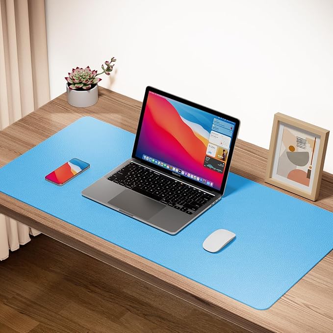 Boutilon Leather Desk Pad Protector,Non-Slip Mouse Pad,Laptop Desk Pad,Office Mouse Mat,Waterproof Leather Desk Blotter,Desk Writing Pad for Office and Home (XXXL-Blue,47"x 24")