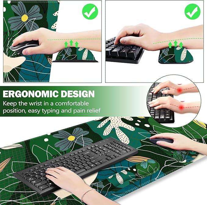 ARTSO Large Mouse Pad Wrist Rest Set,Extended Desk Mat+Keyboard Wrist Rest+Mouse Wrist Support+Coaster, 4in1 Non-Slip Desk Protector Pad Blotter for Home Office-Green Leaves Flowers Abstract