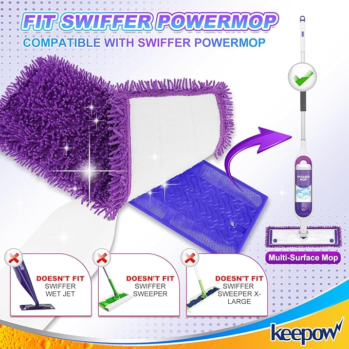 KEEPOW 8 Pack Reusable Mop Pads Compatible with Swiffer Power Mop Replacement Mop Refill Pads for Power Mop Wood Floor Cleaning Microfiber Mop Pads for Hardwood Floors