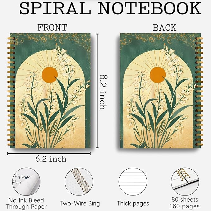 Boho Floral Emerald Green Notebook Journal, Boho Lily of the Valley Botanical Sun Notebooks Journal, Aesthetic Notebooks, Journal Notebooks for Note Taking, Spiral Notebook 5.5x8.3 Inch