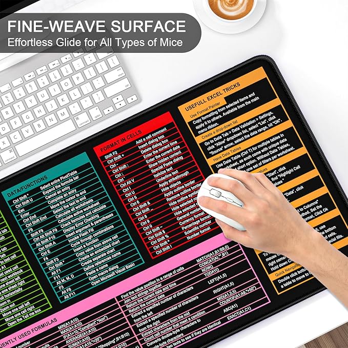 Auhoahsil Large Mouse Pad, XXL Gaming Mousepad, Desk Mat for Desktop, Thick Rubber, Big & Long Size, Stitched Edges, Full Desk Pad for Laptop & Computer, Extended 35.4 x 15.7 in, 01-Excel Shortcut