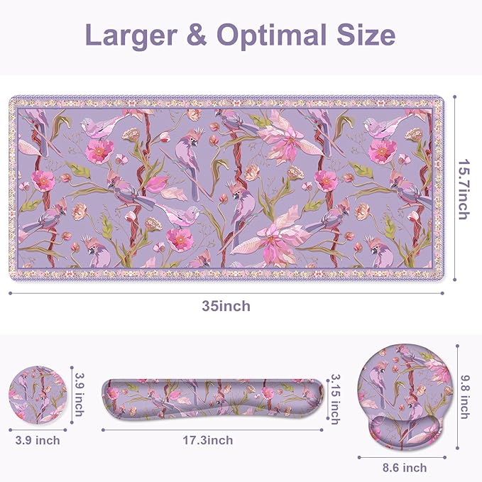 Flower Desk Mat, 4in1 Large Mouse Pad with Wrist Rest, Cute Desk Matt for Desktop, Desk Pad Mat, Anti-Slip XXL Computer Ergonomic Mousepad with Wrist Support for Keyboard and Mouse I Purple Bird
