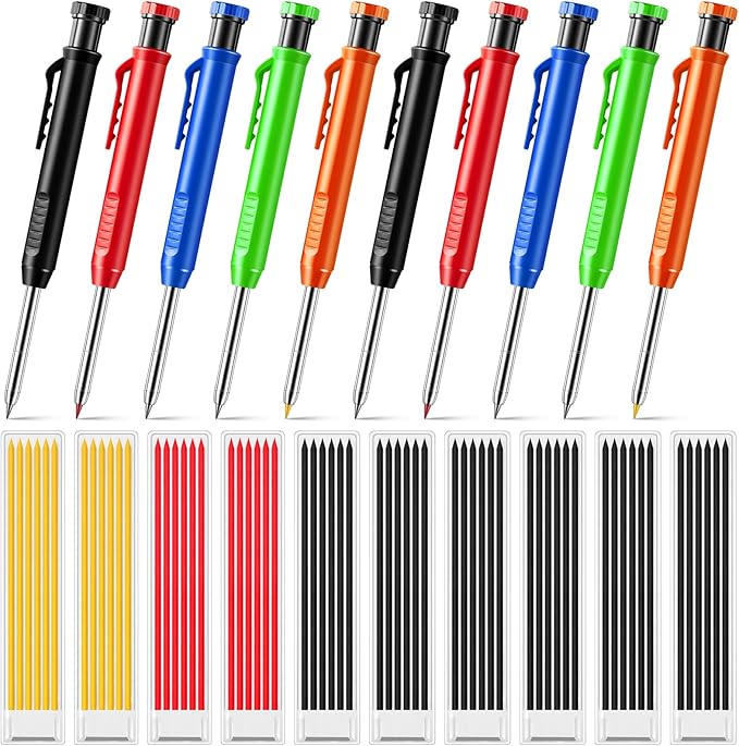 Sabary 10 Pcs Solid Carpenter Pencils with 60 Pcs 2.8mm Refills Long Nosed Deep Hole Mechanical Pencil Marker Construction with Built in Sharpener for Woodworking Drafting Architect Tool