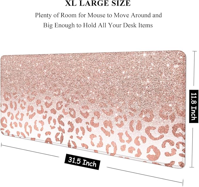 Auhoahsil Large Mouse Pad, XXL Desk Pad, Extened Mousepad 31.5" x 11.8", Non-Slip Rubber Base, Stitched Edges, Superior Surface, Gaming Keyboard Mat, Waterproof Desk Pad, Pink Gold Leopard