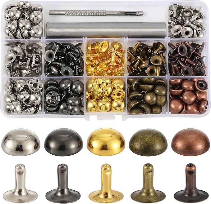 YORANYO 150 Sets 12x6mm Round Dome Leather Rivets Studs for Clothing Purse Feet for Handbags Studs and Spikes with Hole Punch and Mushroom Rivets Setter for Shoes Bags Belts Dog Collars Leather Craft
