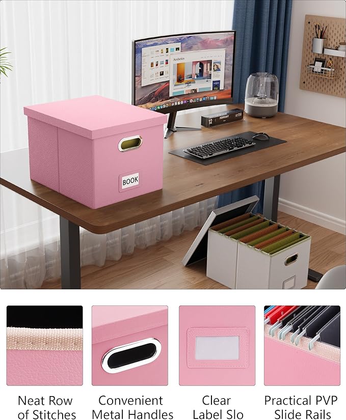 2 Pack File Storage Organizer Box,Filing Box,Portable File Box with Lid,Fit for Letter/Legal File Folder Storage, Pink(Leather)-Box only