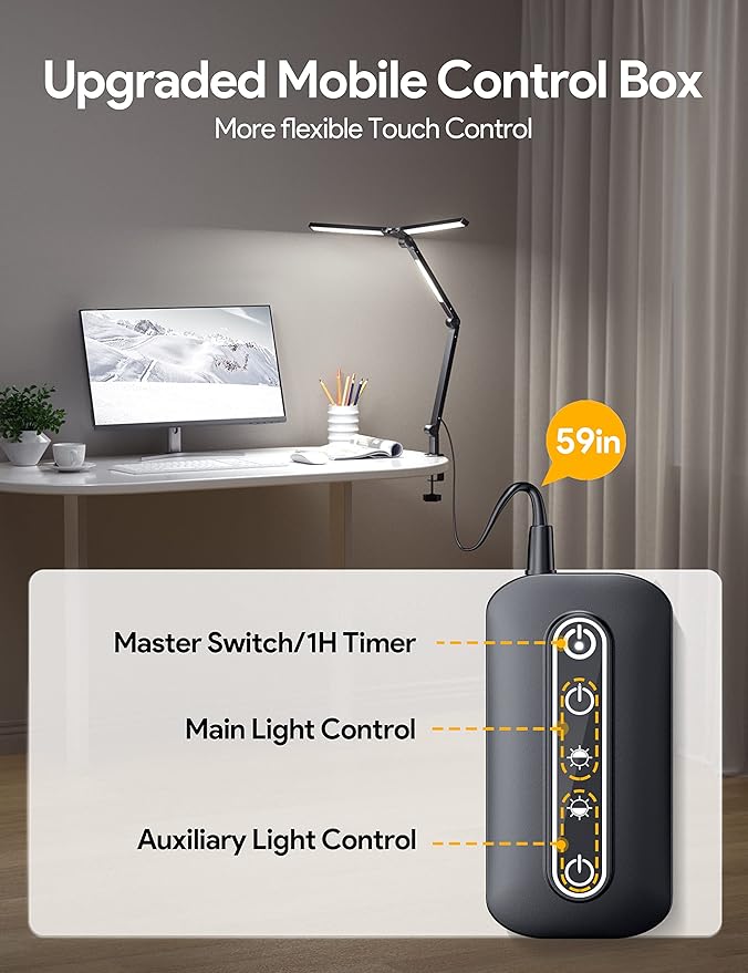 MediAcous LED Desk Lamp with Clamp, 20W 3 Lights Desk Light for Home Office, Flexible Swing Arm, Control Box, 4 Color Modes, 4 Brightness, Memory Function, Eye-Caring Clip on Lamp for Workbench