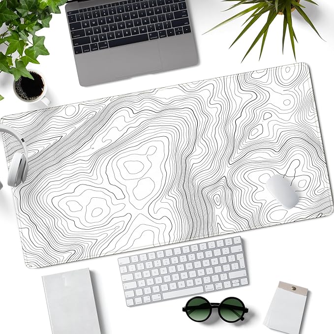 Desk Mat Large Gaming White Mouse Pad Minimalist Topographic Map Desk Mat Extended XL Mousepad 31.5x15.7 in Anti-Slip Desk Pad Keyboard Mousepad Stitched Edges Large Mouse Pad Grey