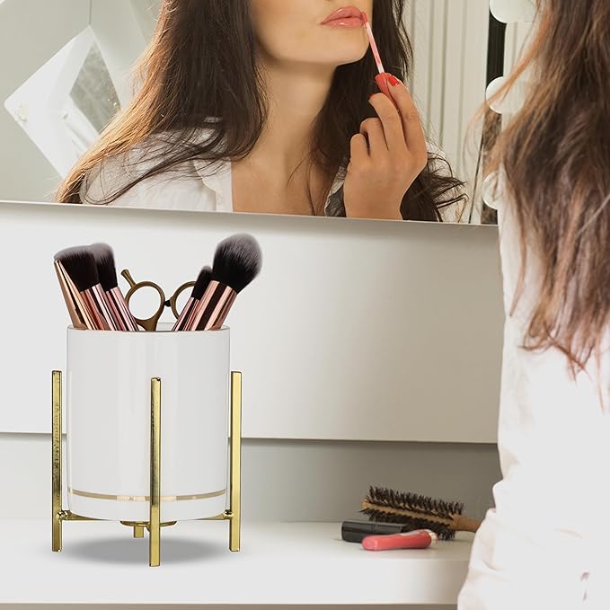 Gold Pen Holder for Desk Aesthetic, Ceramic Pencil Cup with Metal Legs, Makeup Cup for Brushes, Desk Decor for Women Girls