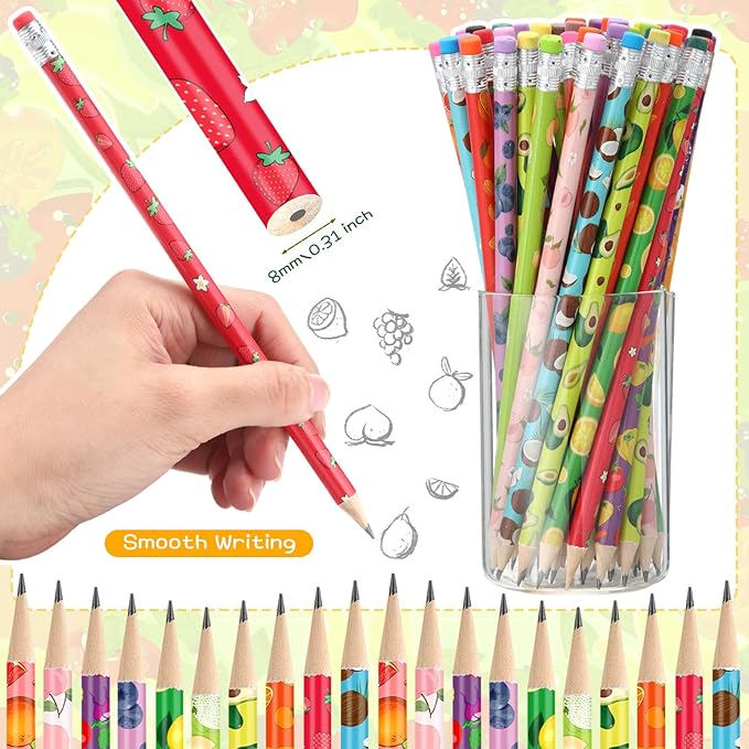 Kosiz 400 Pcs Christmas Pencils Bulk for Kids Colorful Pencils Pre Sharpened Wooden Pencil with Eraser 10 Fruit Style Pen Christmas Child Items Bulk Novelty School Student Reward Xmas Party Favors