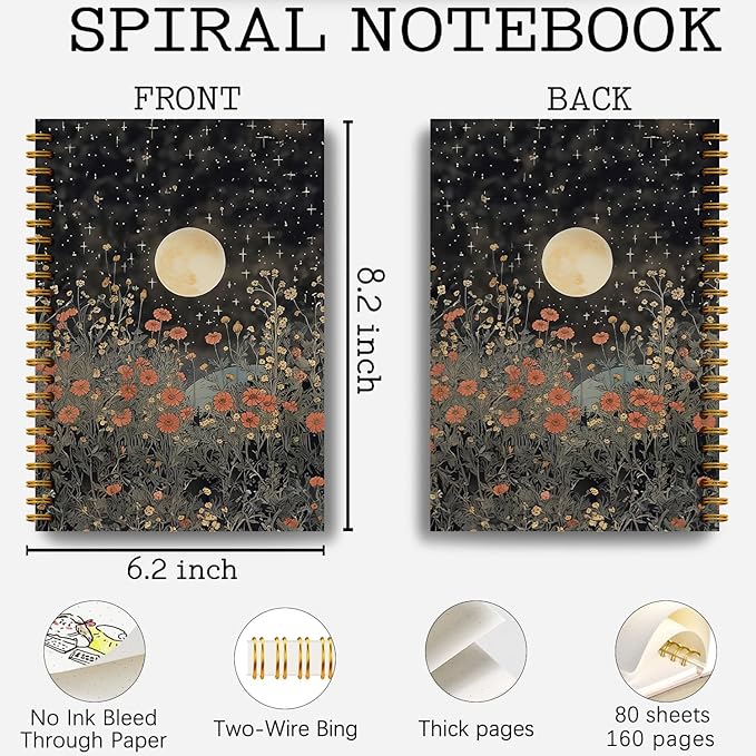 Guymn Vintage Witchy Moon Notebook, Dark Cottagecore Wildflower Floral Journal, Gothic Floral Full Moon Hardcover Spiral Notebooks 5.5x8.3 Inch