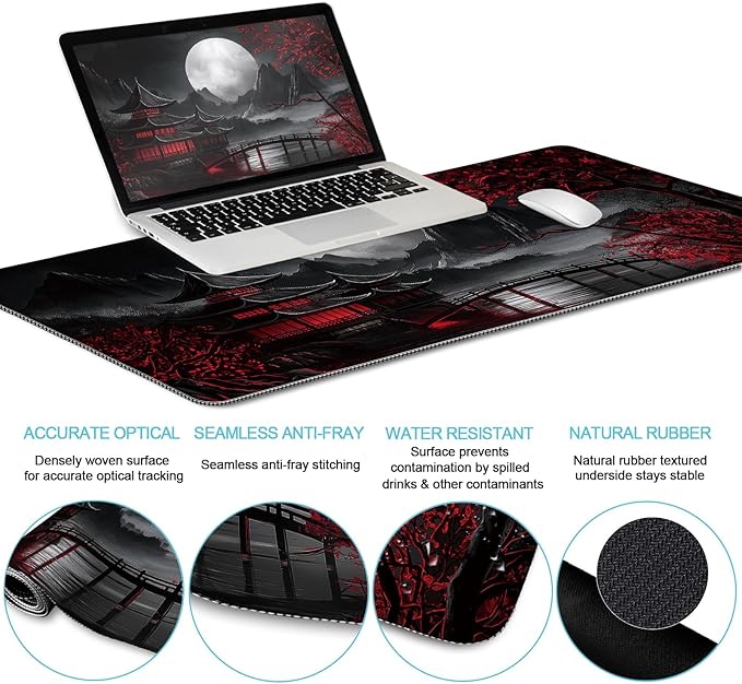 Japanese Mouse Pad Large Desk Mat Set, XXL Anime Full Moon Ergonomic Mousepad with Wrist Rest, Wrist Support Gaming Keyboard Mat Cup Coaster Set, Japanese Style Office Desk Accessories