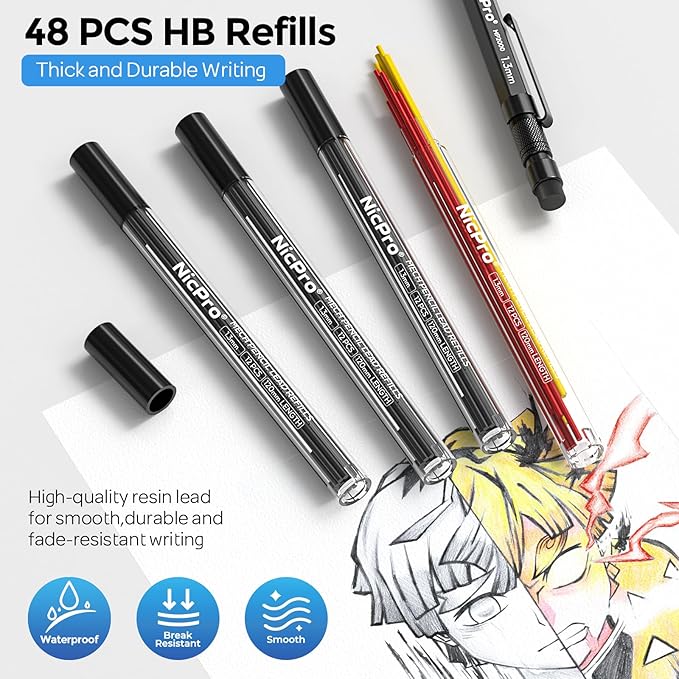 Nicpro 3 PCS 1.3 mm Blacke Mechanical Pencils Set with 48 Lead Refill, 3 Eraser - Weatherproof Metal Barrel, Heavy Duty Carpenter Pencil MP2000 for Outdoor Marking Drafting Drawing Woodworking