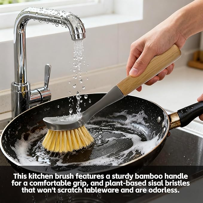 JOQINEER 2 Pack Kitchen Dish Brushes with Bamboo Handle, Dish Scrubber Built-in Scraper, Scrub Brush for Pans, Pots, Counter & Kitchen Sink Cleaning, Dishwashing and Cleaning Brush Tools