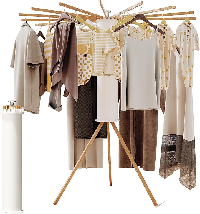 Tripod Clothes Drying Rack Foldable,Floor Standing Drying Rack Clothing,(16 Wood Poles),Laundry Drying Rack,Clothes Hanger Rack,Laundry Rack Folding,Collapsible,Retractable