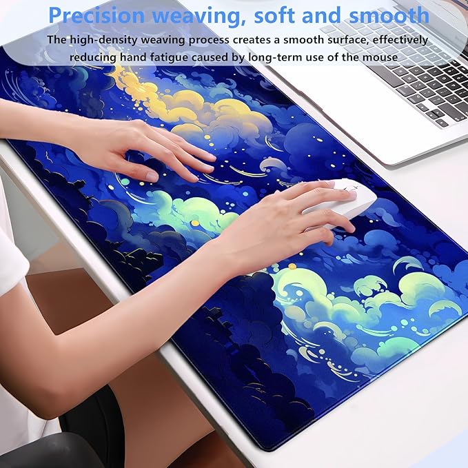 XL Desk Pad Mat (31.5"x15.7") - Kawaii Dark Blue Clouds Sky Aesthetic, Non-Slip Gaming Mouse Pad with Stitched Edges, Cute Office Decor
