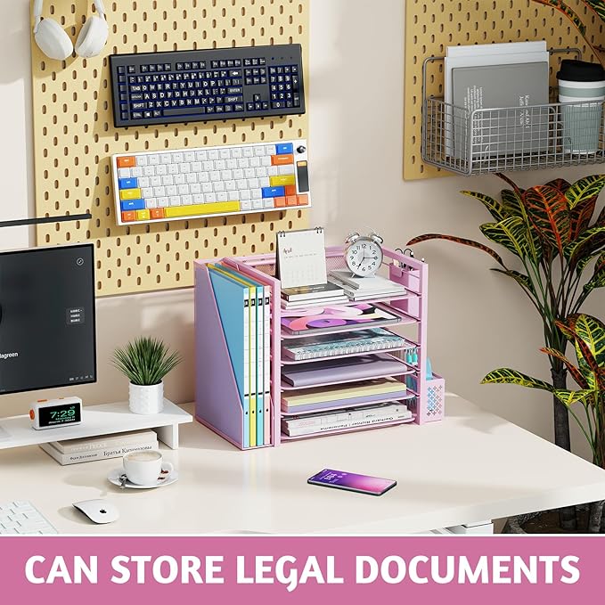 Simple Trending 6 Tier Desk File Organizer, Paper Letter Tray Organizer with File Holder and Pen Container, Pink