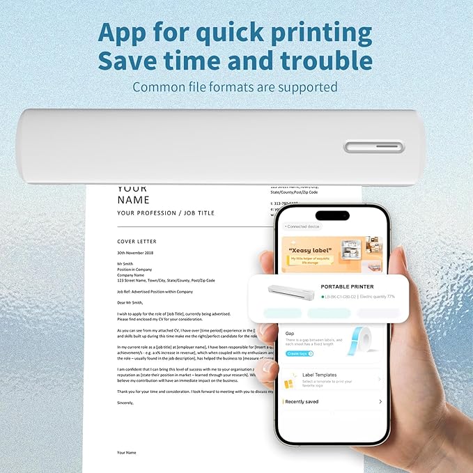 C80 Wireless Printer, Inkless Portable Printer for Travel, Supports A4 8.5 x 11 Inch Thermal Paper, Compatible with Phone & Laptop (White)